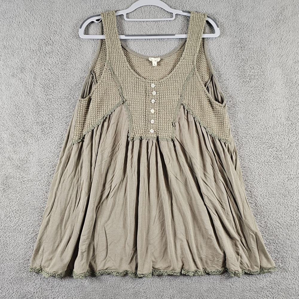 POL Womens Olive Green Crochet Lace Trim Babydoll Tunic Top L Large